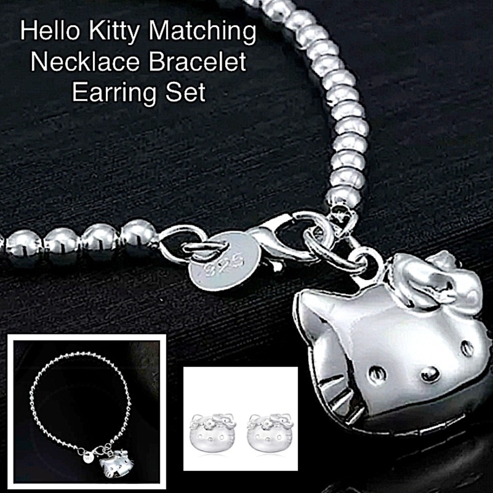 Hello Kitty Sterling Silver Handmade Matching Necklace Bracelet Earrings Set